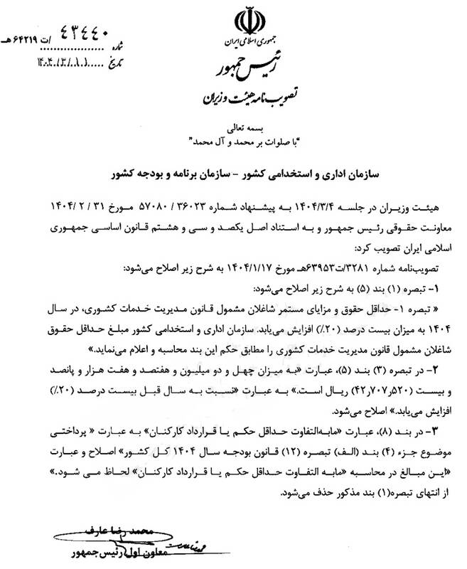 اصلاحیه افزایش حقوق ۲۰ درصدی کارمندان ابلاغ شد