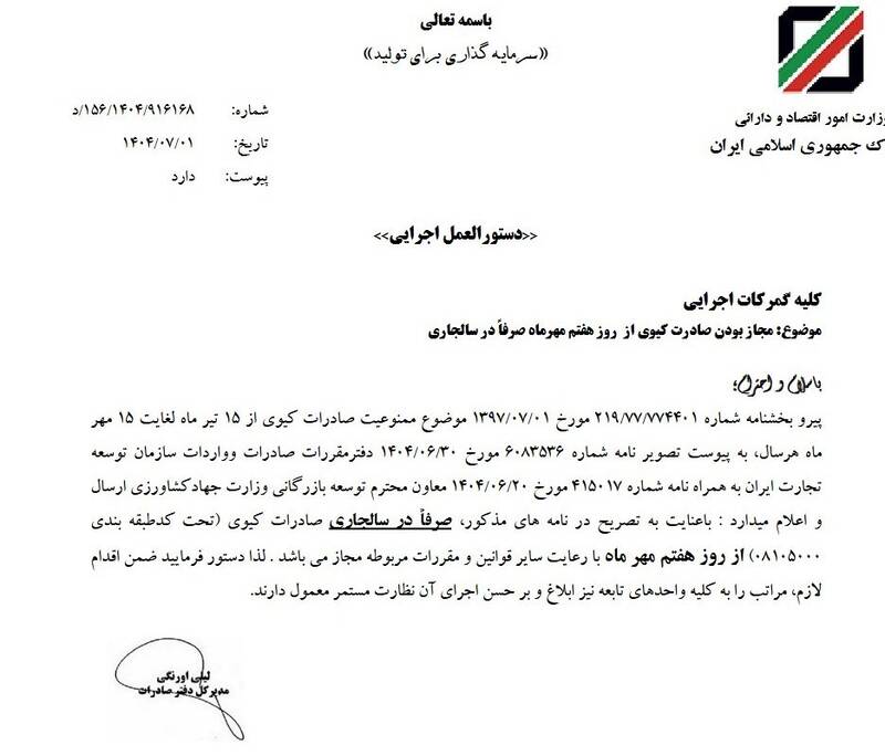 صادرات کیوی از ۷ مهر آزاد می‌شود